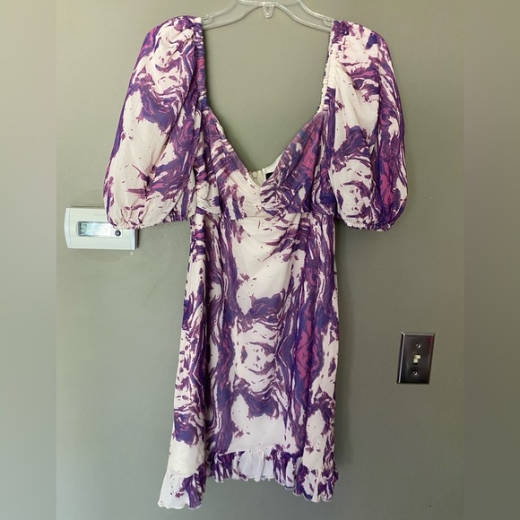 SLATE & WILLOW x ANTHROPOLOGIE Purple Swirl Mini Dress With Puff Sleeves Size XL - Picture 7 of 12